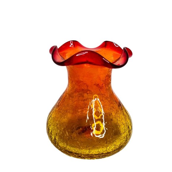 Vintage Hand Blown Rainbow Glass Co.4.5" Crackle Amberina Bud Vase Ruffled Edge - Picture 1 of 8